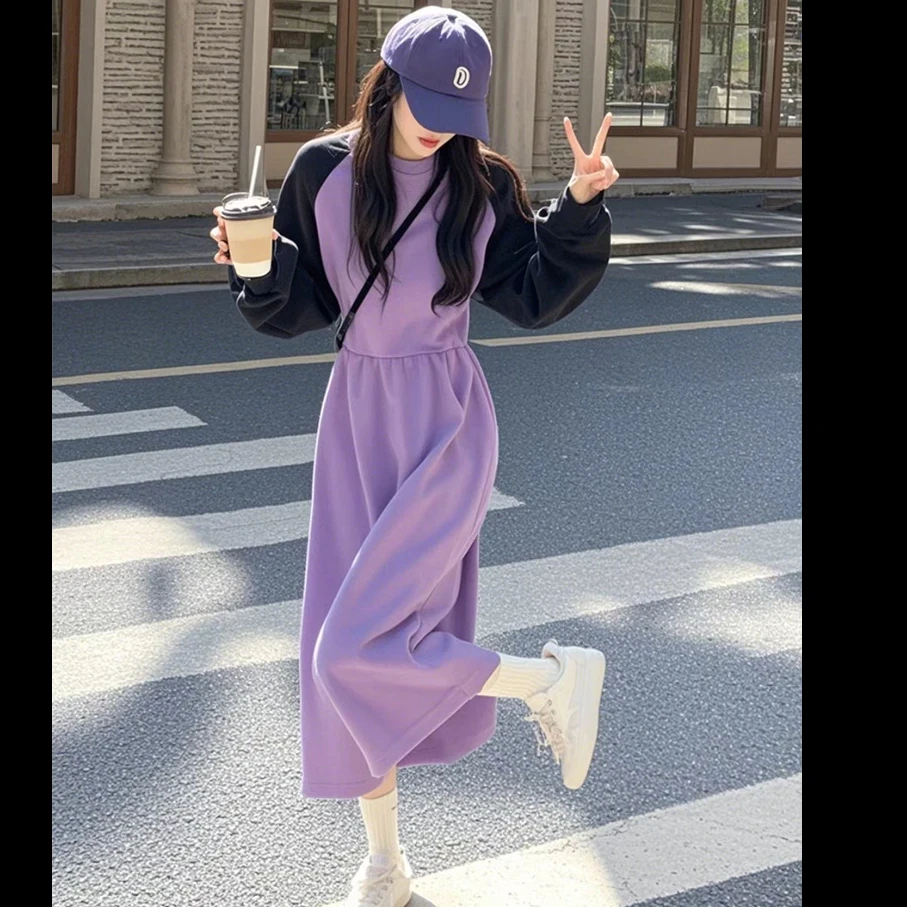 2025宽松修身卫衣裙女春秋新款小个子高级气质时尚紫色长袖连衣裙