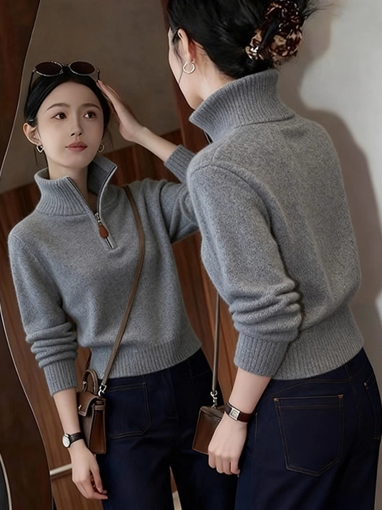 慵懒风白色半拉链高领毛衣女2025年秋冬新款氛围感百搭针织上衣潮