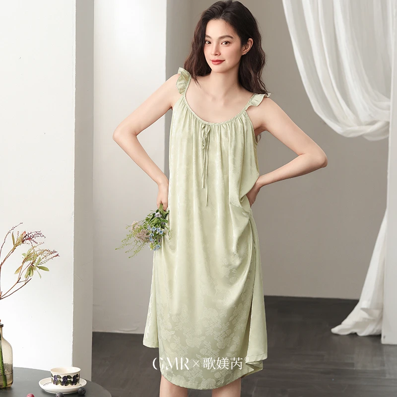 带胸垫冰丝睡裙女夏季薄款法式性感吊带中长款休闲睡衣大码家居服