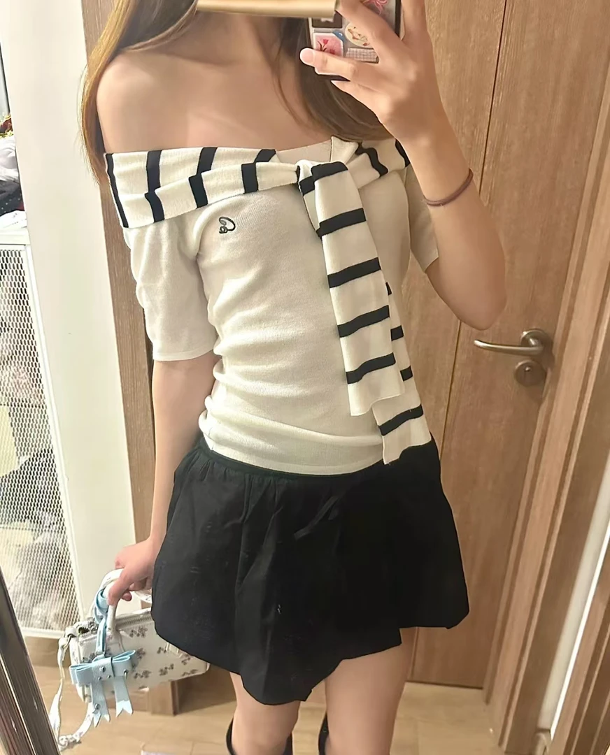 纯欲风条纹拼接水手领一字肩2025百搭设计感修身显瘦气质针织上衣