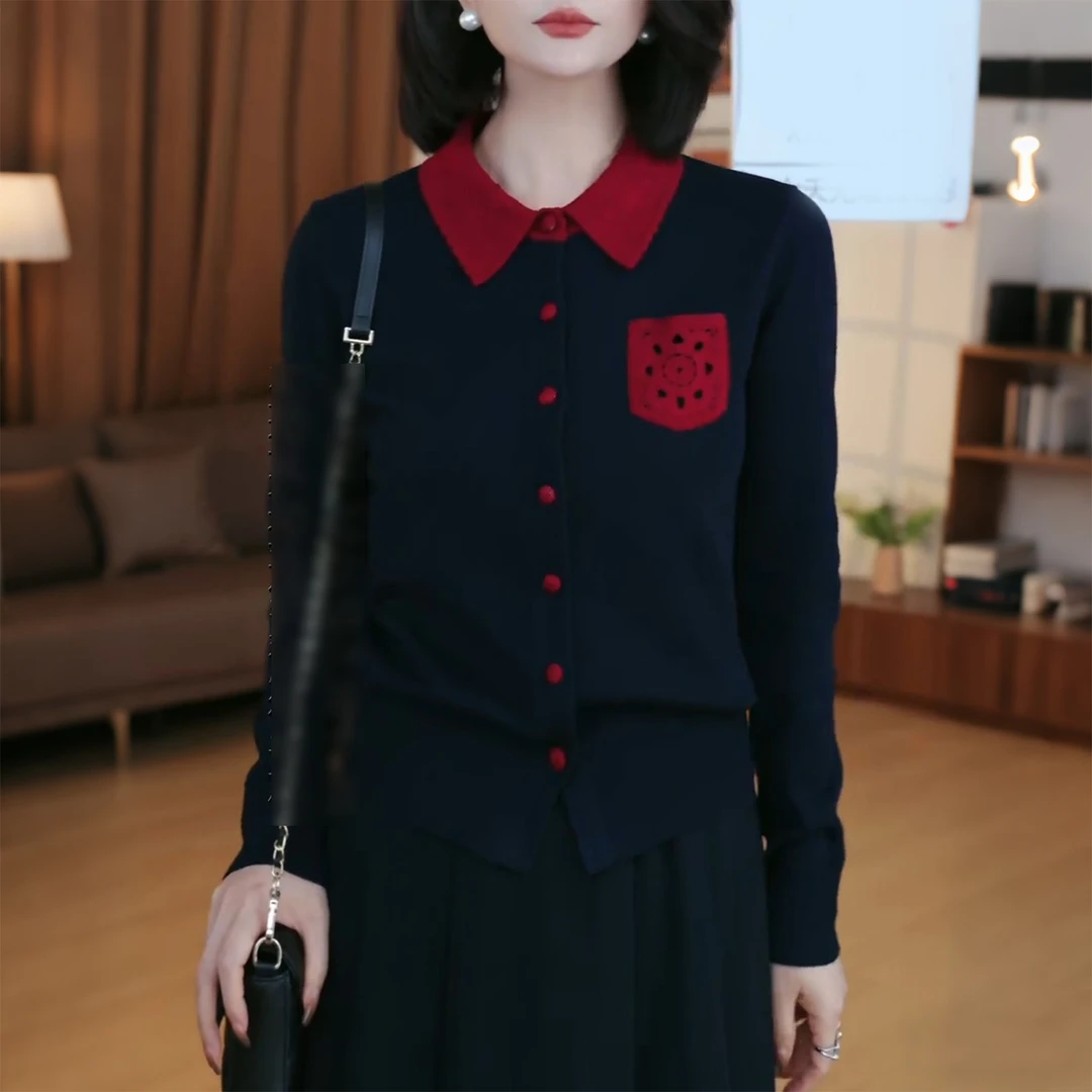 撞色POLO领长袖针织开衫女士2025秋冬季新款高级时尚好看漂亮上衣