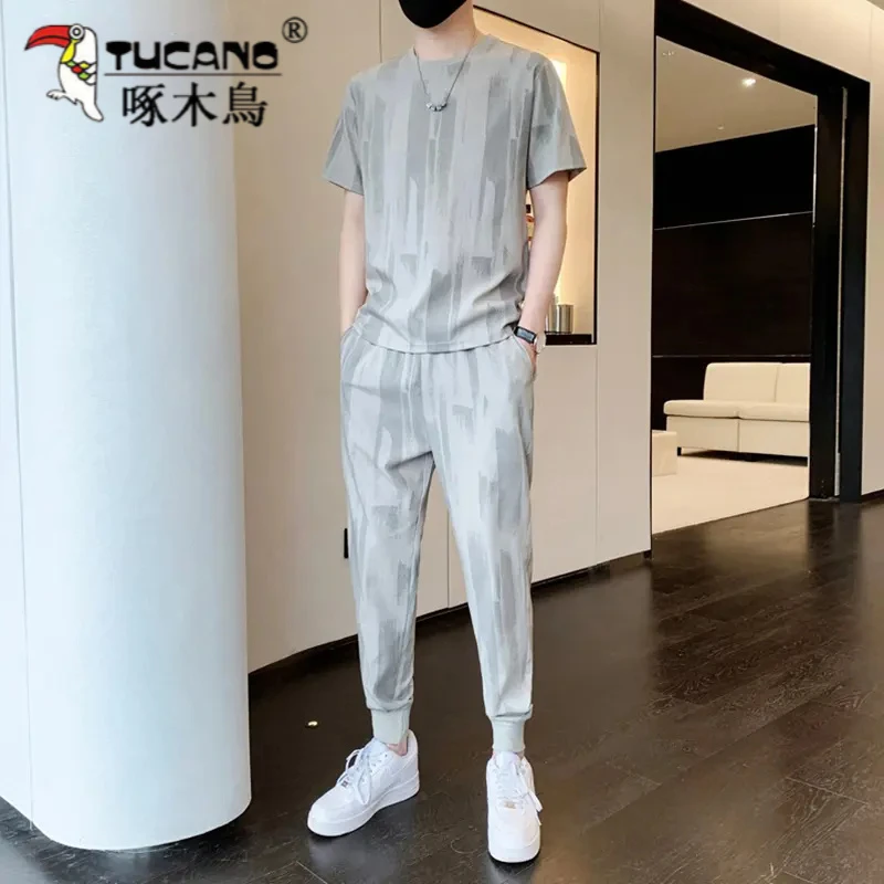 TUCANO/啄木鳥男士套装夏季日系T恤大码宽松扎染半袖潮流薄款帅气