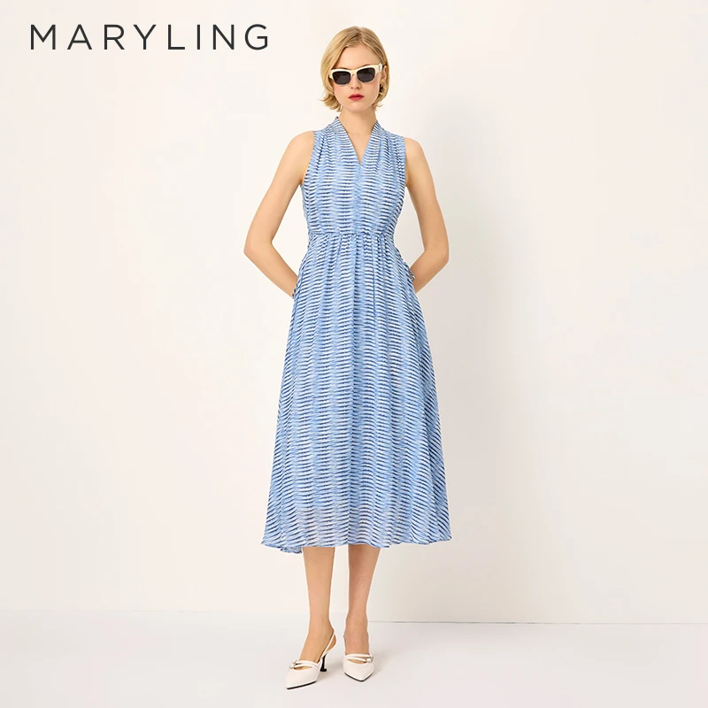 MARYLING玛俪琳2025航海度假风条纹V领收腰系带连衣裙A1FDW63150