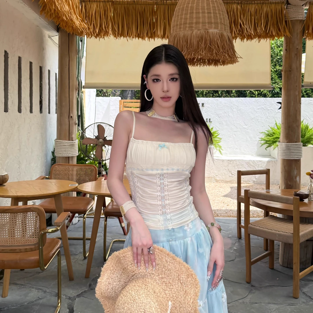 法式蓝色碎花长裙纯欲吊带上衣女夏高腰半身裙大摆长裙度假风套装