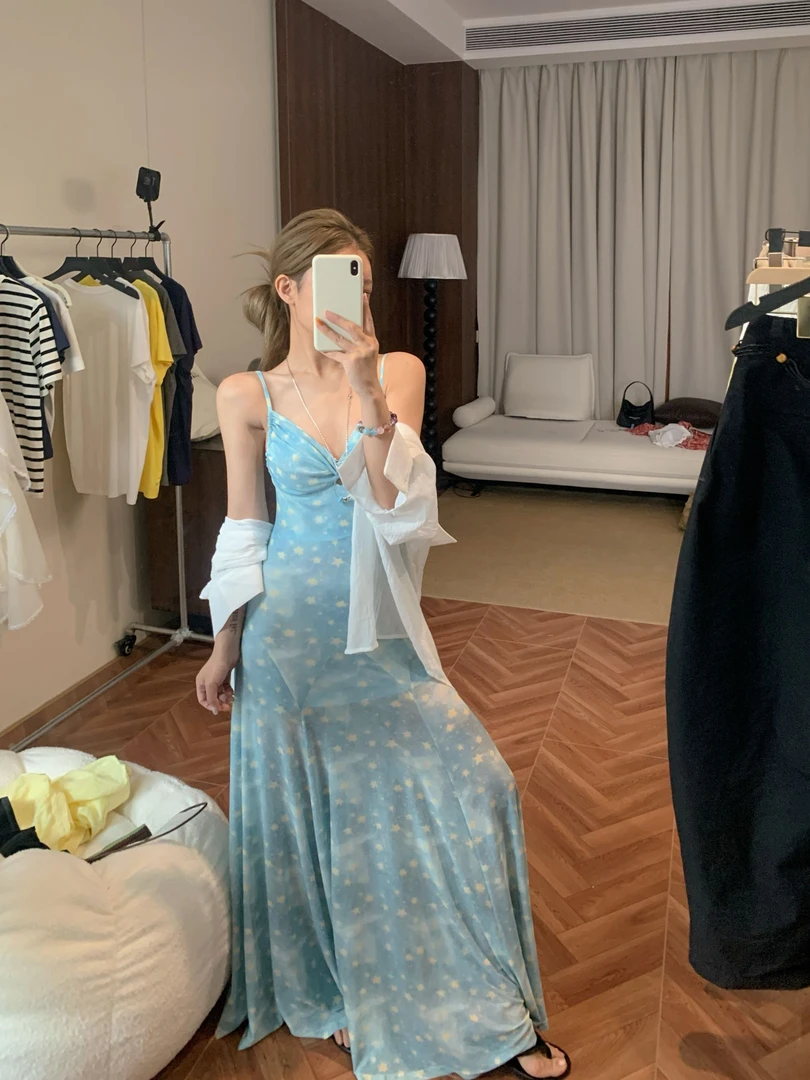 红49【WANG】夏威夷海岛｜印花吊带长款修身连衣裙夏装新款W37192