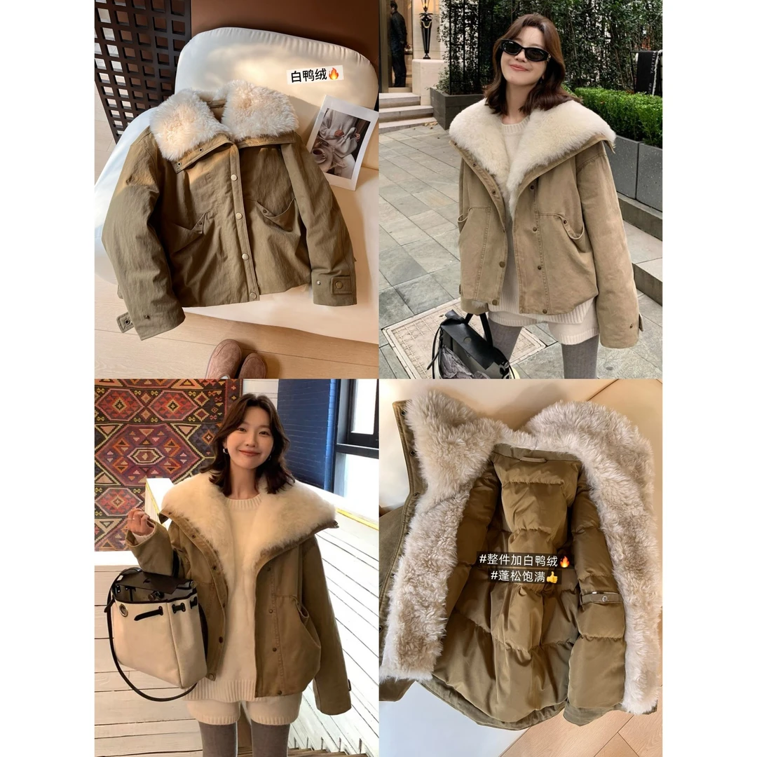 F11复古工装大翻领派克服女短款冬季新款加厚保暖防风羽绒服外套