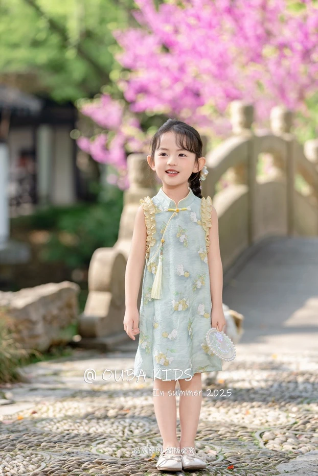 【现货】252-OB-258152绿色 女童2025年夏新款清新小旗袍汉服童装