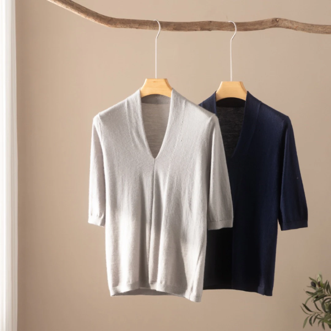 68支精纺纯山羊绒围巾领五分袖针织百搭纯色