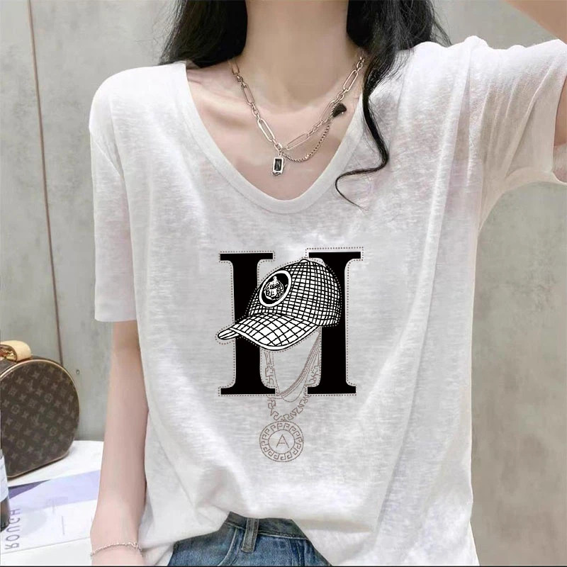 夏季短袖慵懒感U领2025新款显瘦雪花棉T恤女印花百搭大码白色上衣