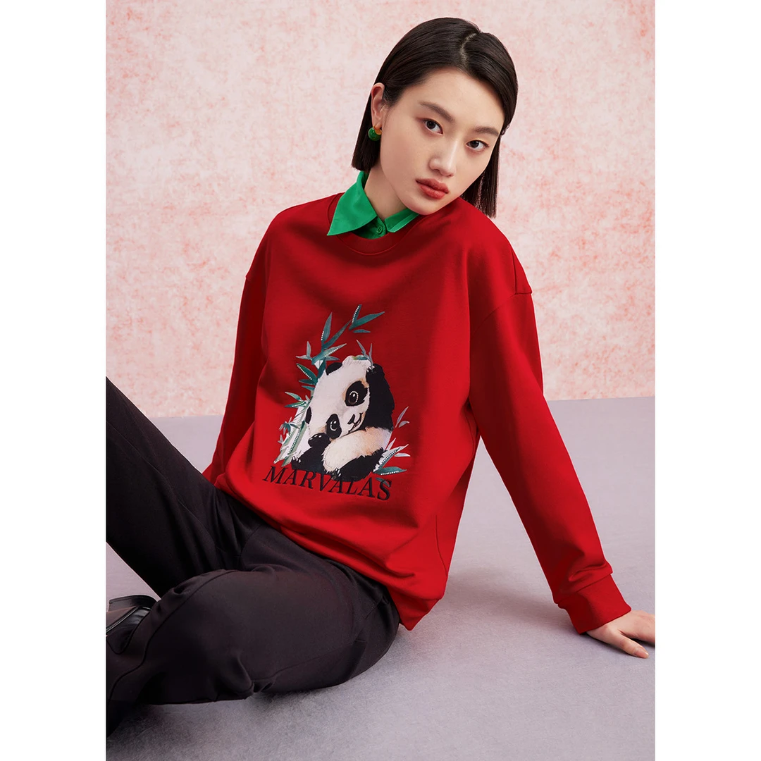 【诗语专属】时尚圆领全棉卫衣女春季气质印花设计感百搭套头上衣