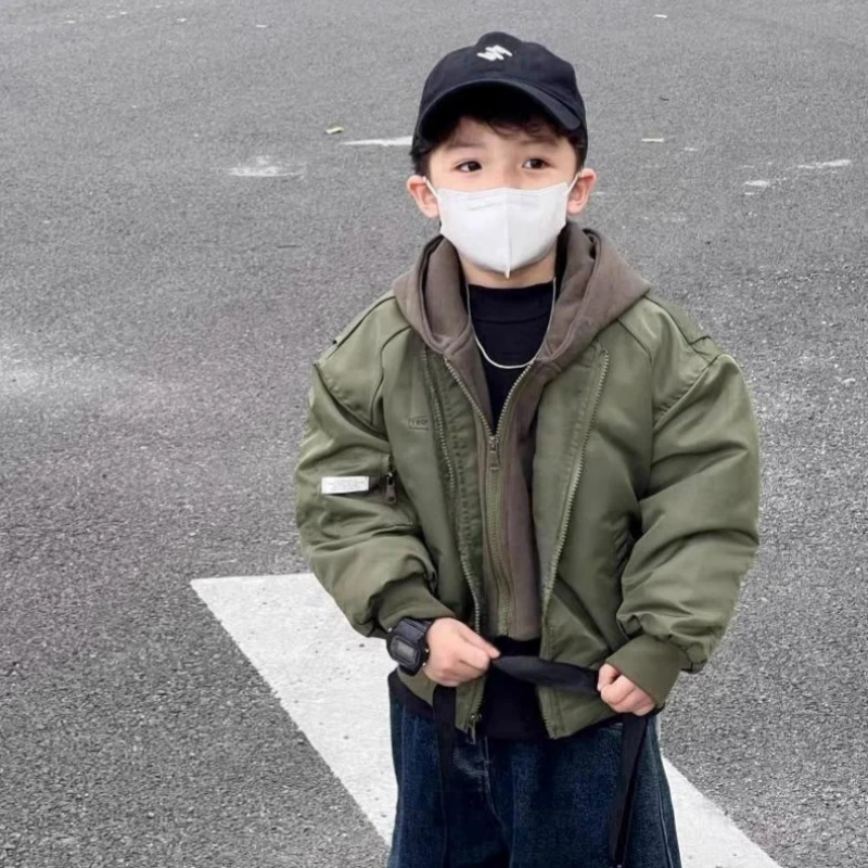 男童冬季加厚外套2023新款洋气连帽棉服加棉棒球服宝宝冬装棉衣