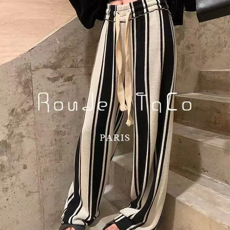 腰66-102长108撞色条纹松紧腰针织休闲裤宽松时尚 1621