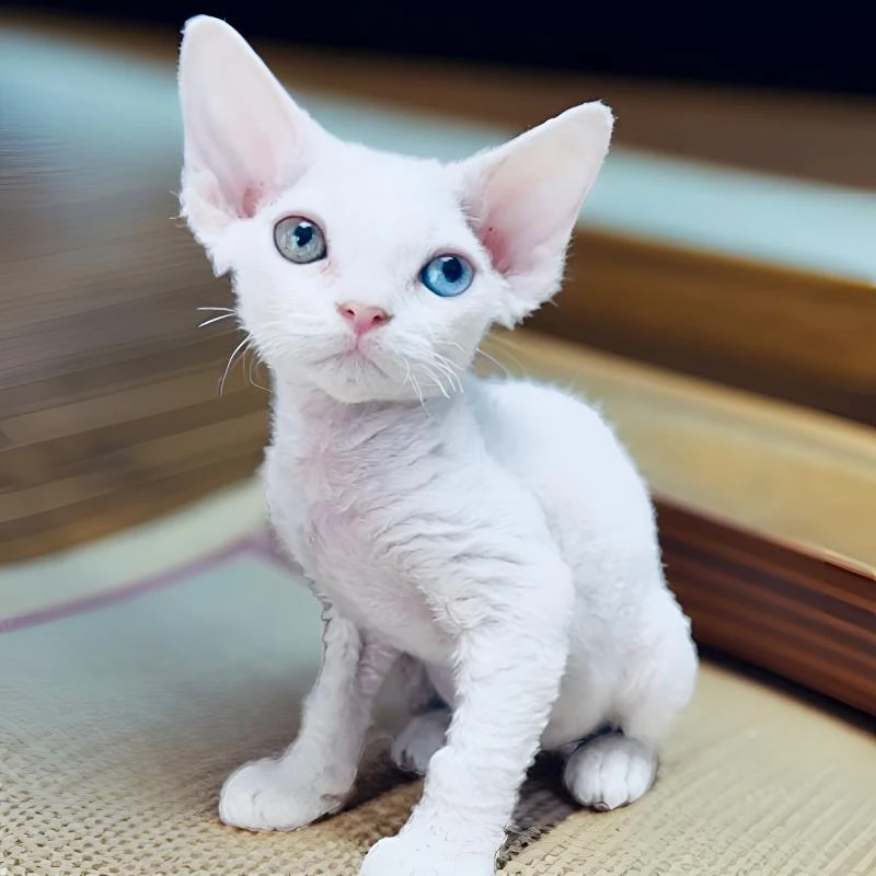 纯白异瞳德文卷毛猫