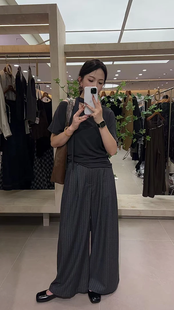 [DARUI]高级感复古百搭条纹直筒休闲西裤女宽松显瘦阔腿裤子10167