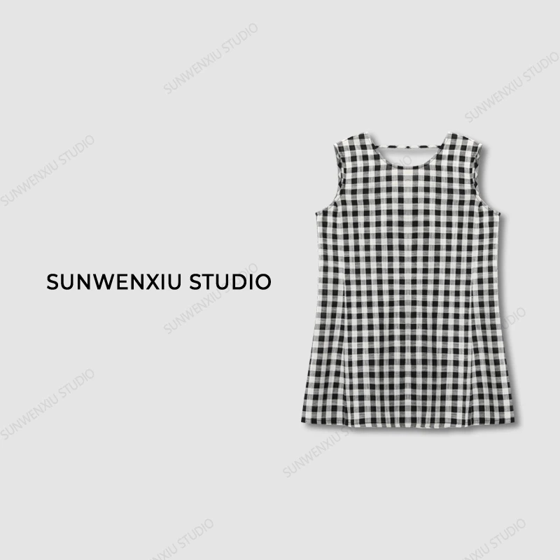 swx studio3店 ”格韵“简约气质显瘦经典黑白格舒适无袖衬衫