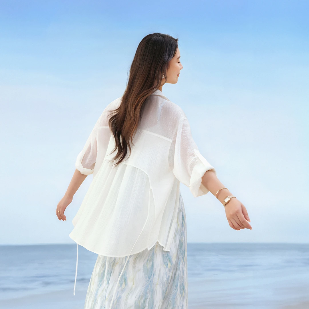 【暮霭沉沉】纤莉秀大码女装慵懒风轻盈莱赛尔清透衬衫QK1290