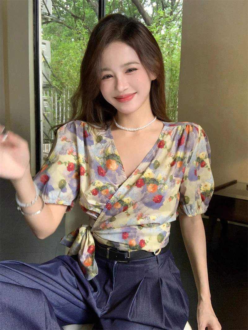 小众设计复古印花衬衣绑带设计韩版港风碎花短袖女学生法式