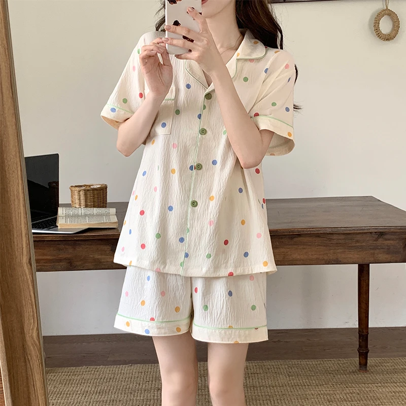 夏季薄款短袖波点云朵棉睡衣女2025年新款可爱学生夏天家居服套装