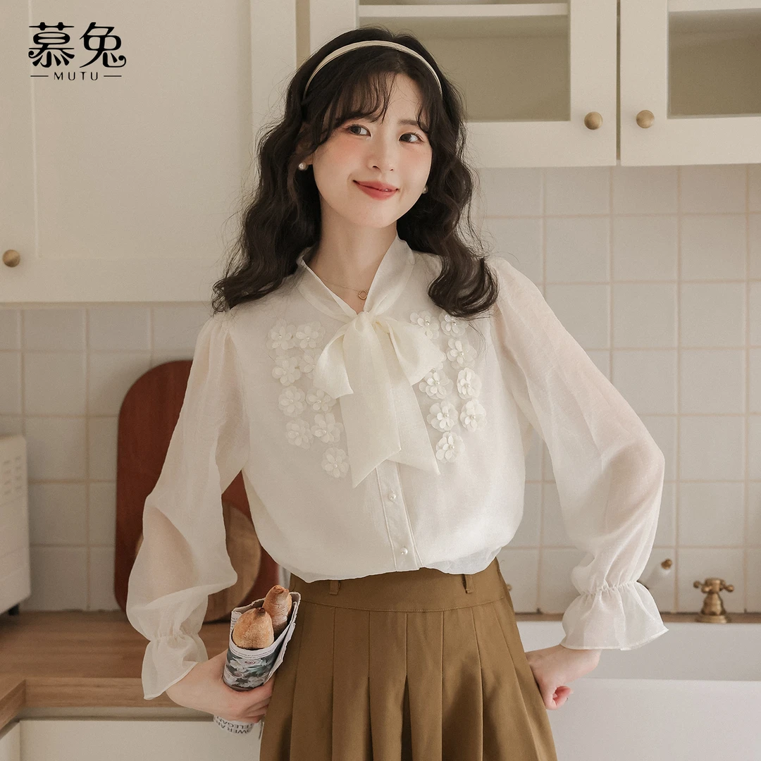 【粉丝专属】TU29712法式气质蝴蝶结系带长袖衬衫立体花朵上衣