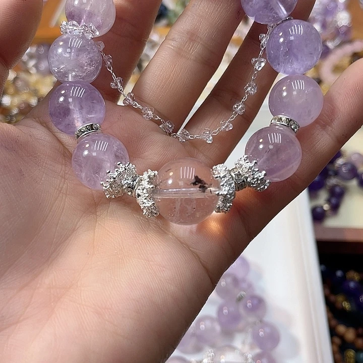 水晶手链银S925镶嵌16高紫兔毛14.