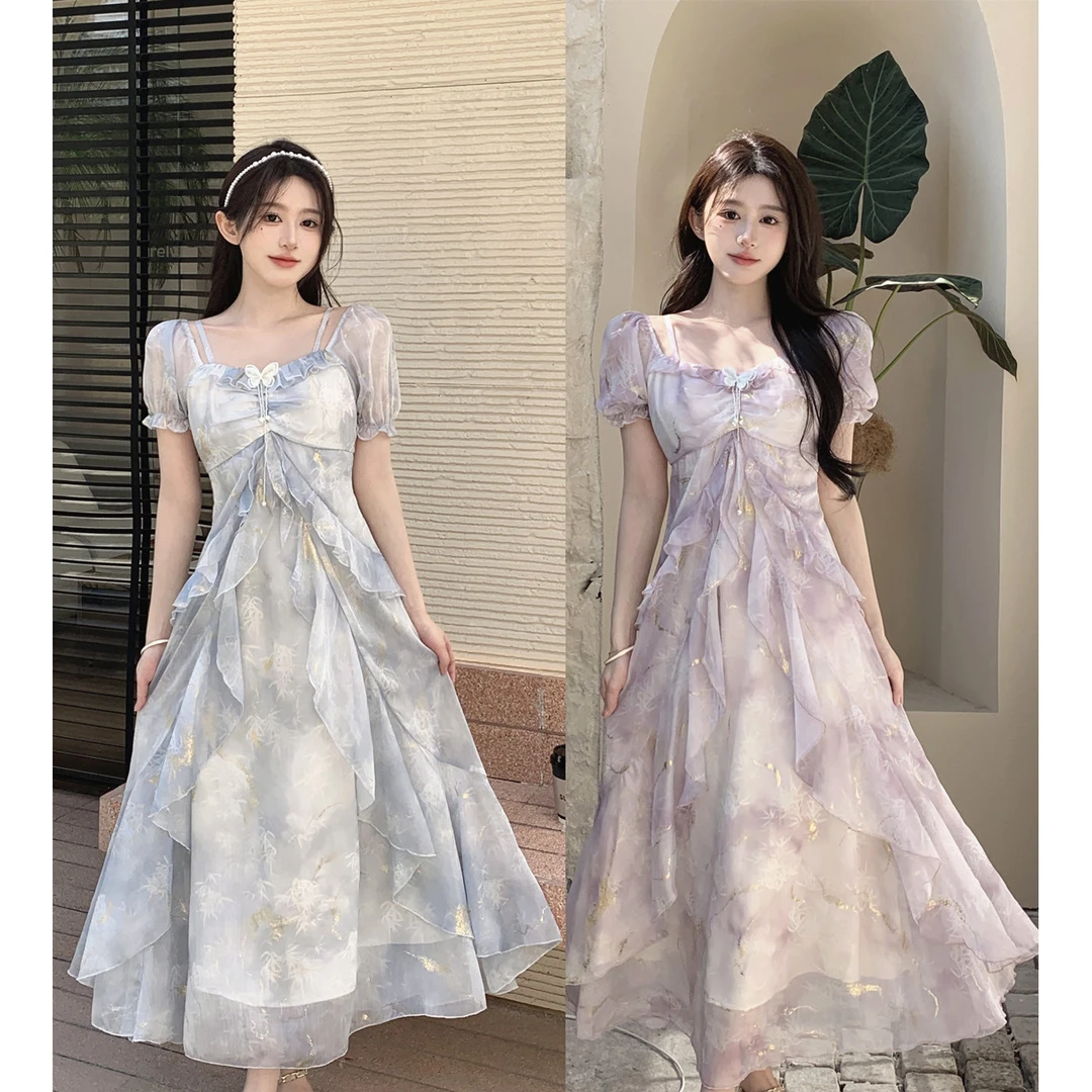 大码法式短袖连衣裙女荷叶边吊带裙胖法式遮肚显瘦裙子