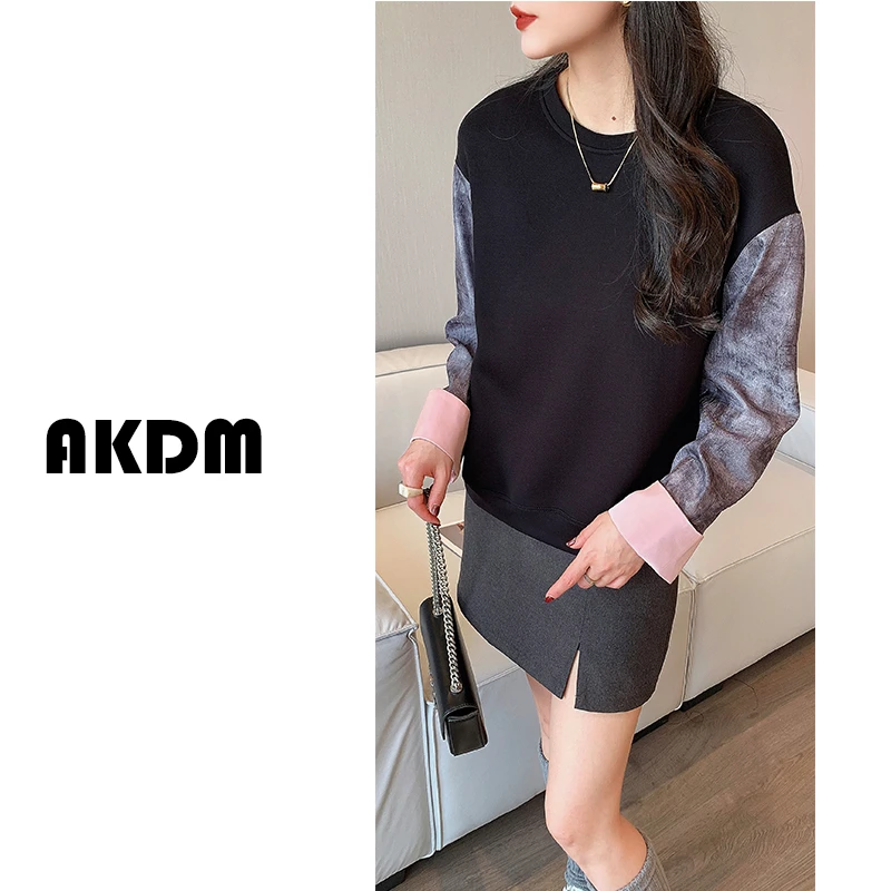 AKDM秋款国风拼接圆领长袖衬衫T恤78075