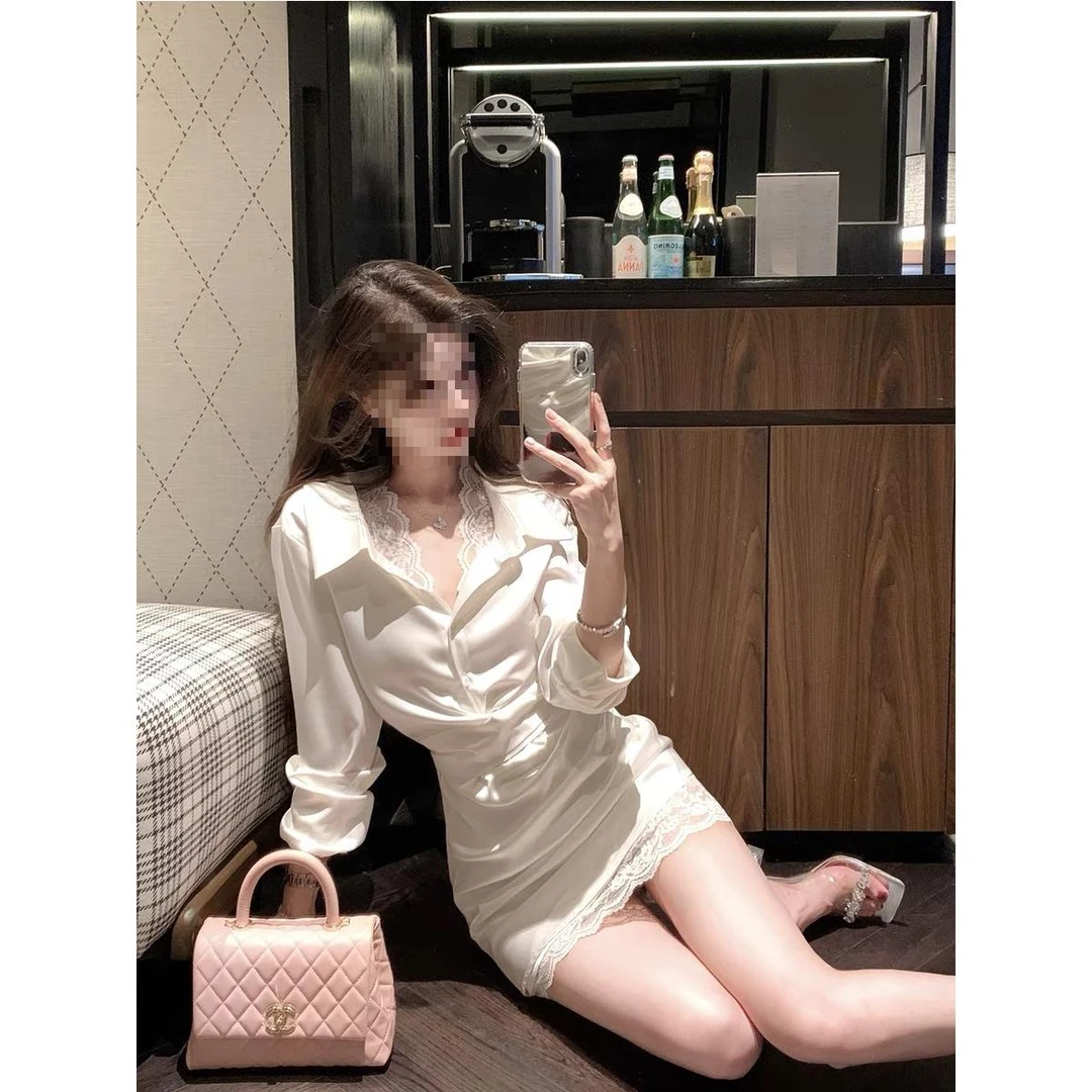 法式纯欲性感蕾丝衬衫收腰修身显瘦气质缎面短裙连衣裙包臀裙子