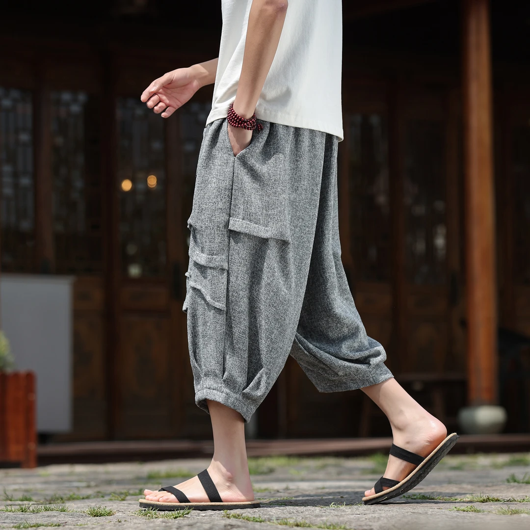 新中式潮牌冰丝裤男士外穿短裤夏季中国风七分裤褶皱设计感哈伦裤