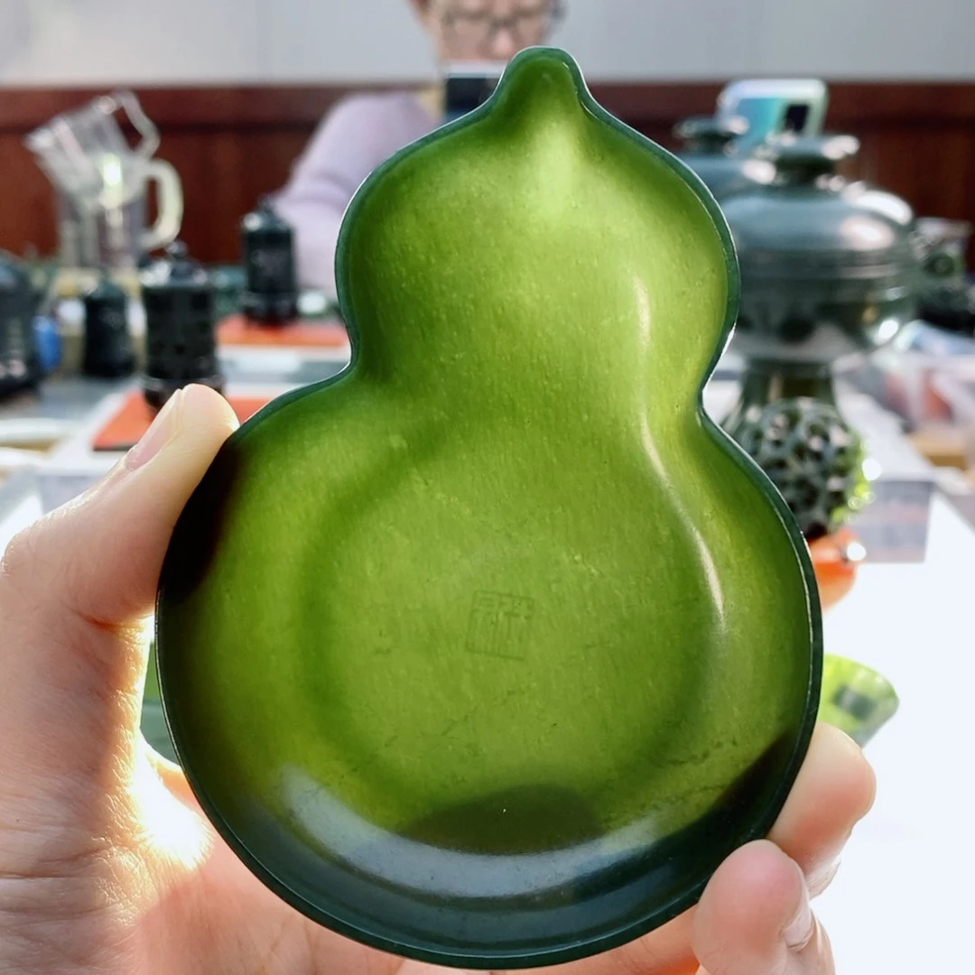 未镶嵌和田玉（青玉）摆件葫芦茶荷