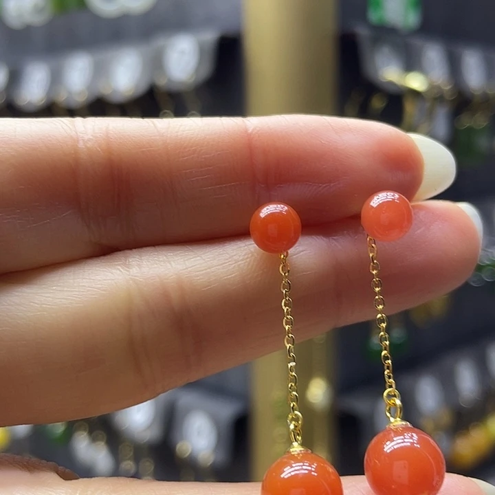 南红玛瑙银S925镶嵌耳饰