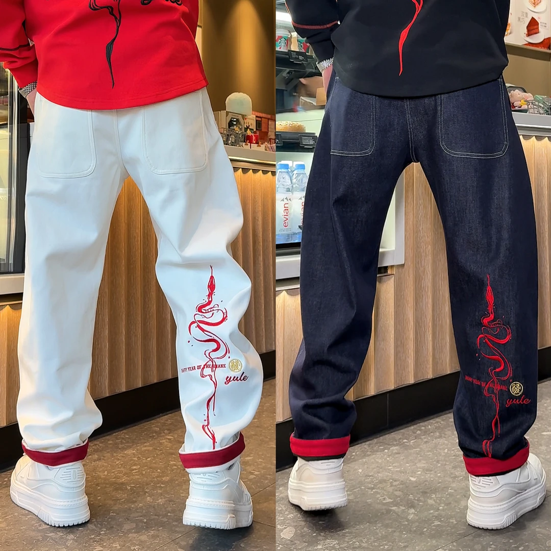 【语乐】YL-877-2新年款發蛇刺绣撞色卷边休闲裤加厚磨毛弯刀牛仔裤