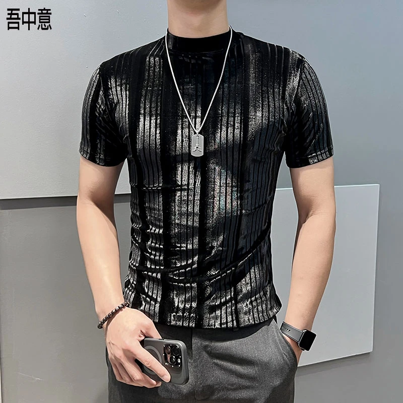 小中领条纹打底衫男t恤短袖2025新款爆款紧身内搭条纹绒布体恤男