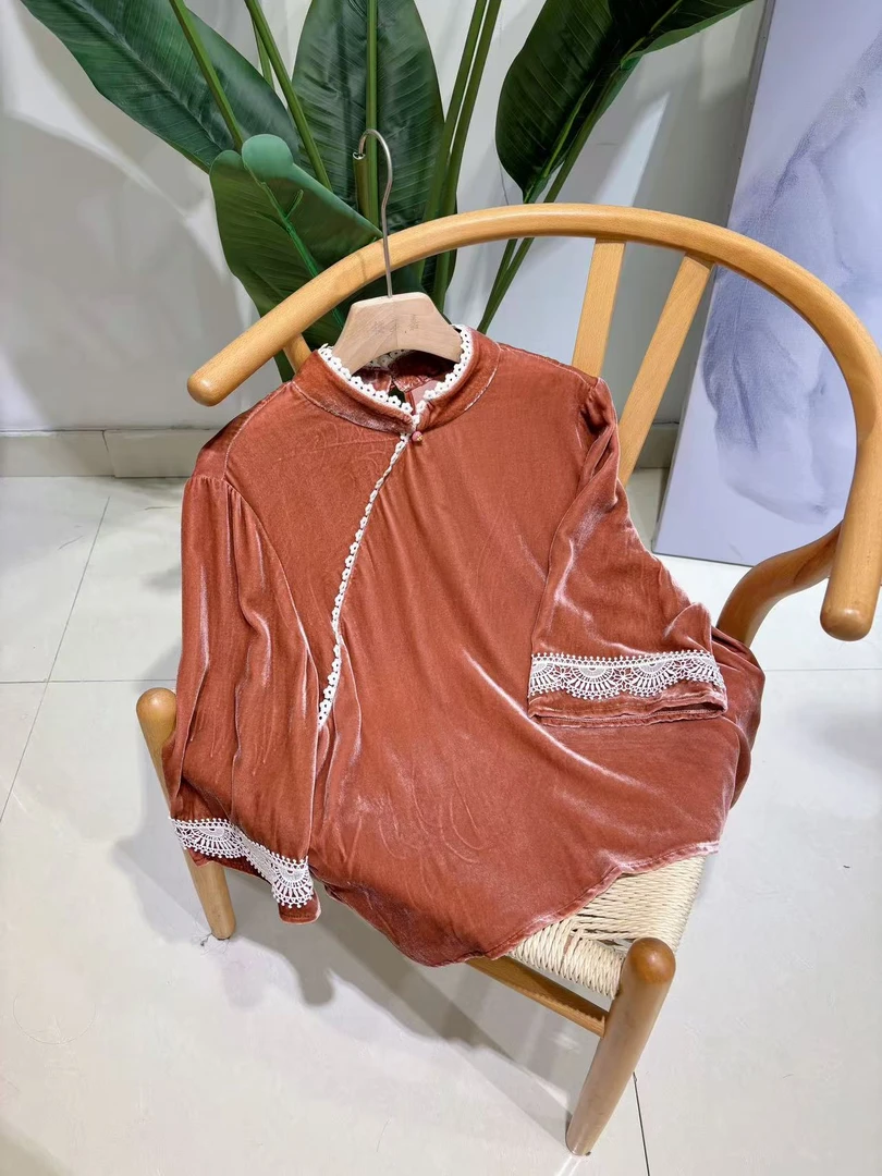 15387樱美嘉桑蚕丝丝绒旗袍上衣女桑蚕丝新中式民国风七分袖衬衫