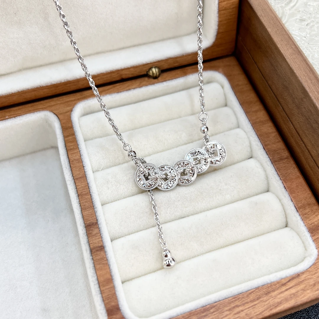 坠链均925银 XL-238新中式爆闪碎冰冰招财五帝钱国风高级感锁骨链