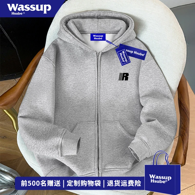 WASSUP HSUBE美式oversize潮流字母连帽开衫卫衣男秋冬浅灰色外套