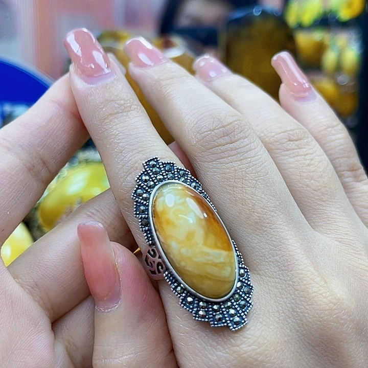 琥珀银S925镶嵌颈饰戒指