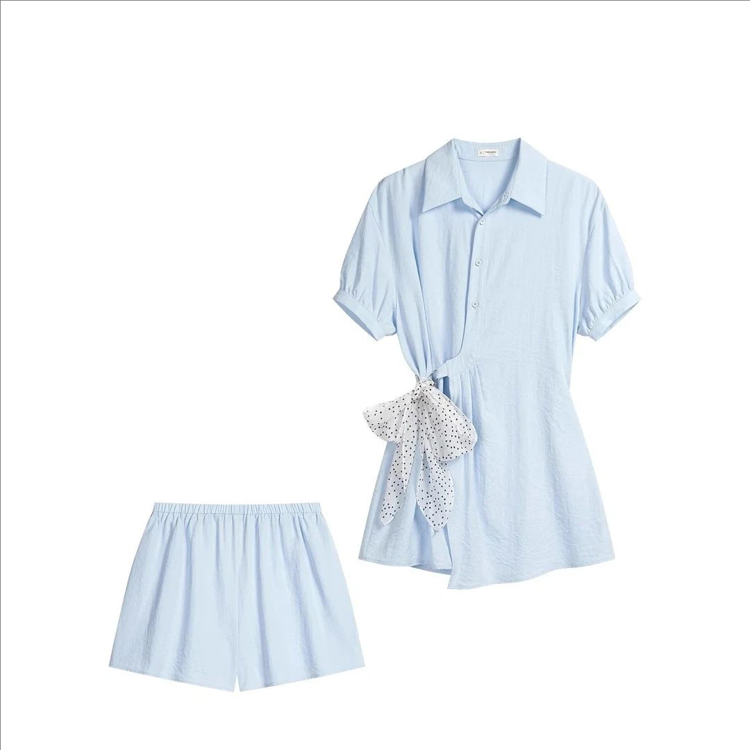 法式蓝色polo领衬衫显瘦连衣裙套装短裤两件套Y50550398