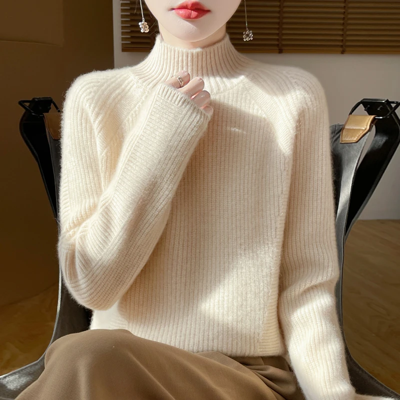 时尚软糯~冬季新款100纯羊绒半高领加厚元宝针设计羊绒针织衫女