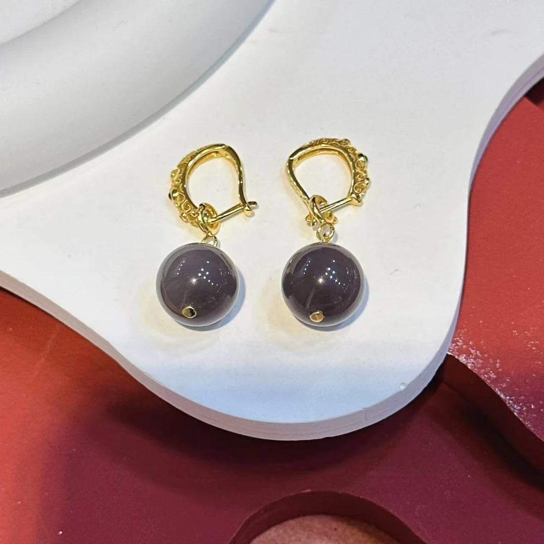 S925银镶嵌12mm和田玉烟紫转运珠耳扣HNZ9501