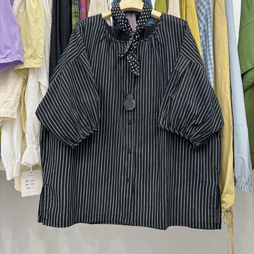 条纹休闲常规款宽松大版衬衫圆领上衣猫咪中式老钱风常规