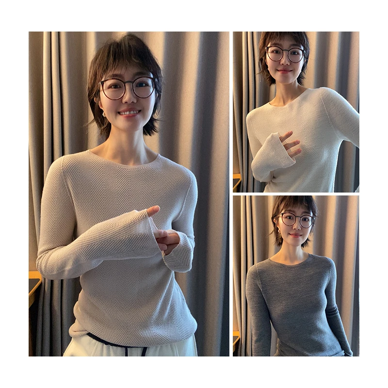 早秋新款 轻奢气质简约纯色鱼骨纹一字领长袖套头针织衫--SXS8295