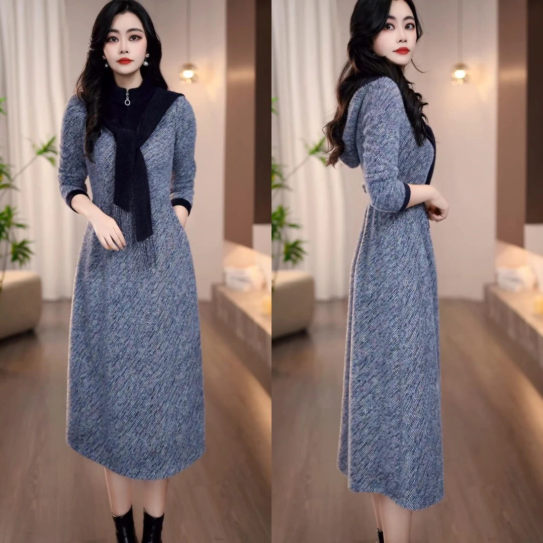 【新款】2025秋冬新款灰色连帽可拆卸围巾领简约优雅时尚显瘦连衣裙