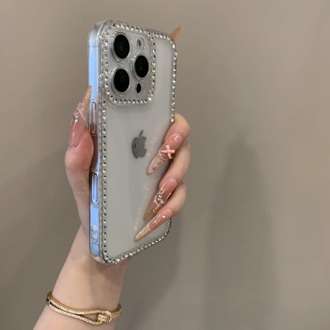 新款奢华闪钻边框手机壳适用于苹果16promax透明15pro精孔14/13.