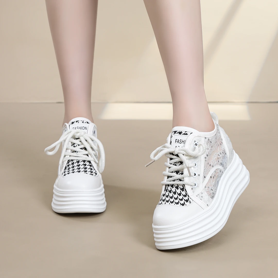 跟高8厘米夏季新款网面透气内增高小白鞋百搭时尚蕾丝小个子女鞋