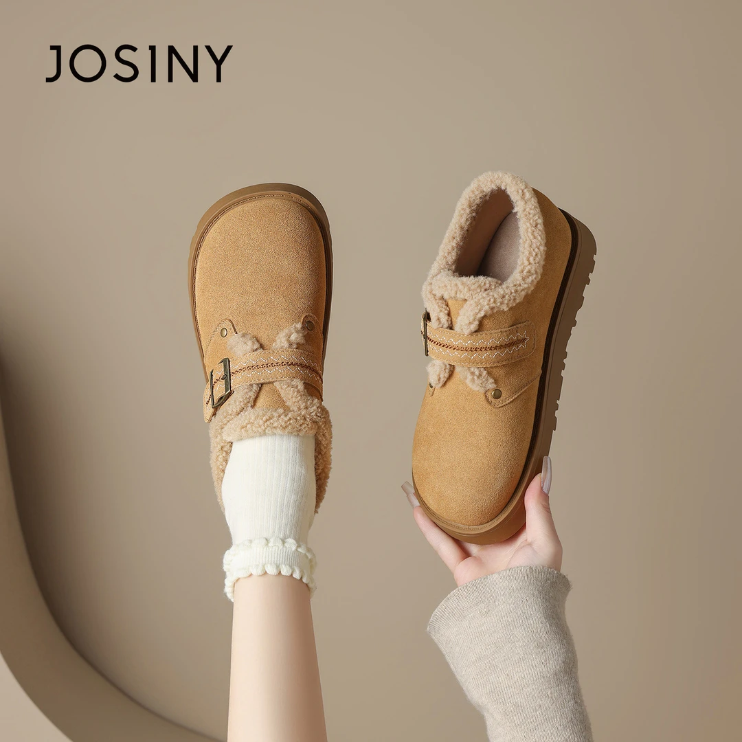 卓诗尼厚底保暖棉鞋复古毛毛鞋子2025新款冬季加绒女鞋博肯雪地靴