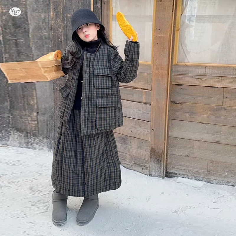 女童夹棉加厚套装2025年冬季新款中大童格纹外套半身裙两件套休闲