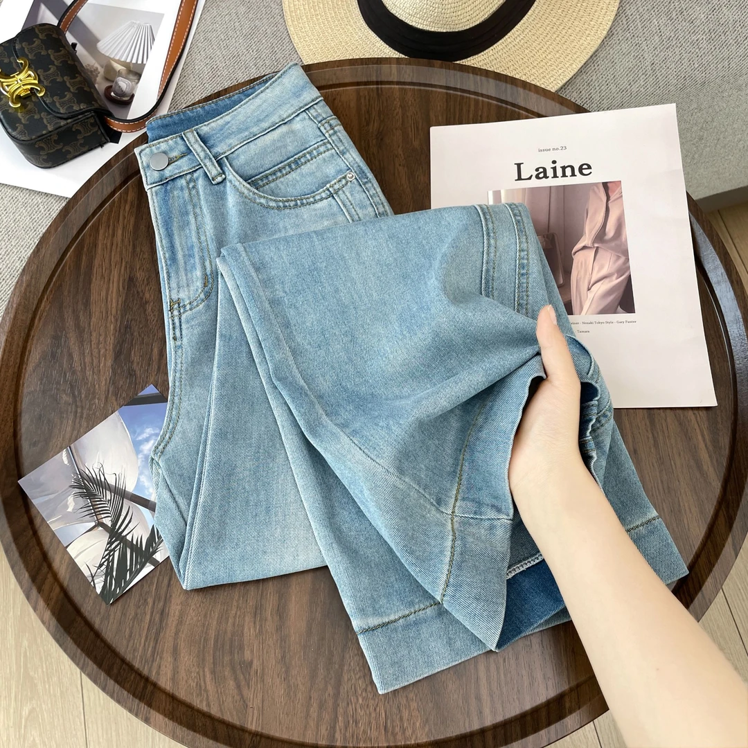 浅色阔腿牛仔裤女春夏季2025年新款高腰宽松设计感垂感拖地直筒裤