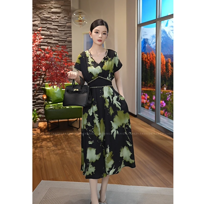 2025夏季新款【R-X13】气质轻奢法式缎面显比例绿色连衣裙子女