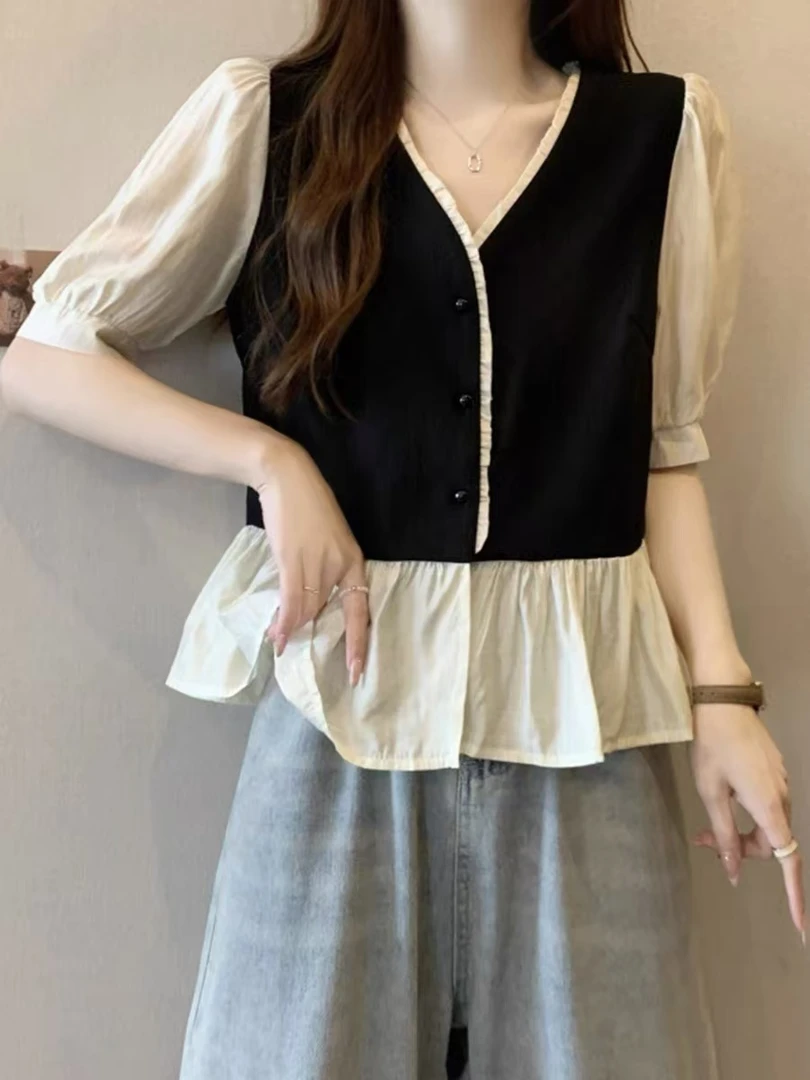 8807#法式假两件短袖衬衫上衣女显瘦气质百搭洋气时尚夏季新款