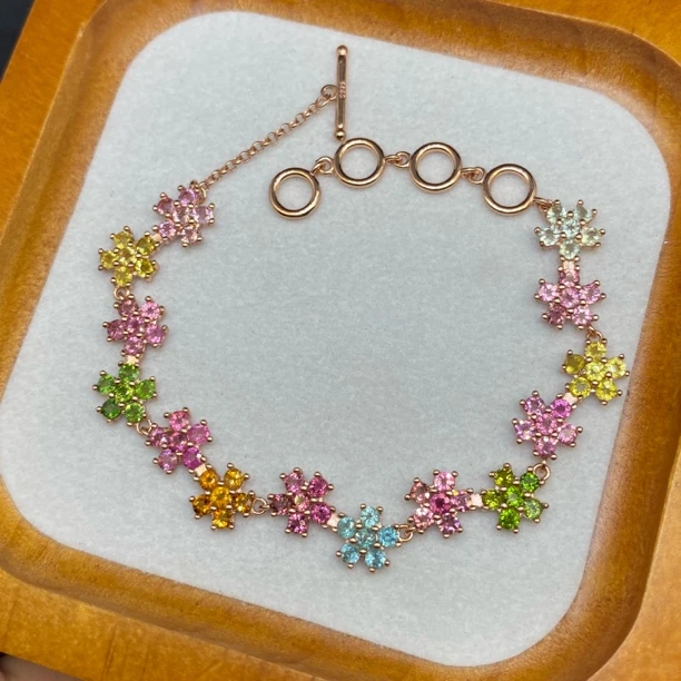 花朵 天然彩色碧玺手链s925银 精致满钻气质优雅高贵时尚百搭YM